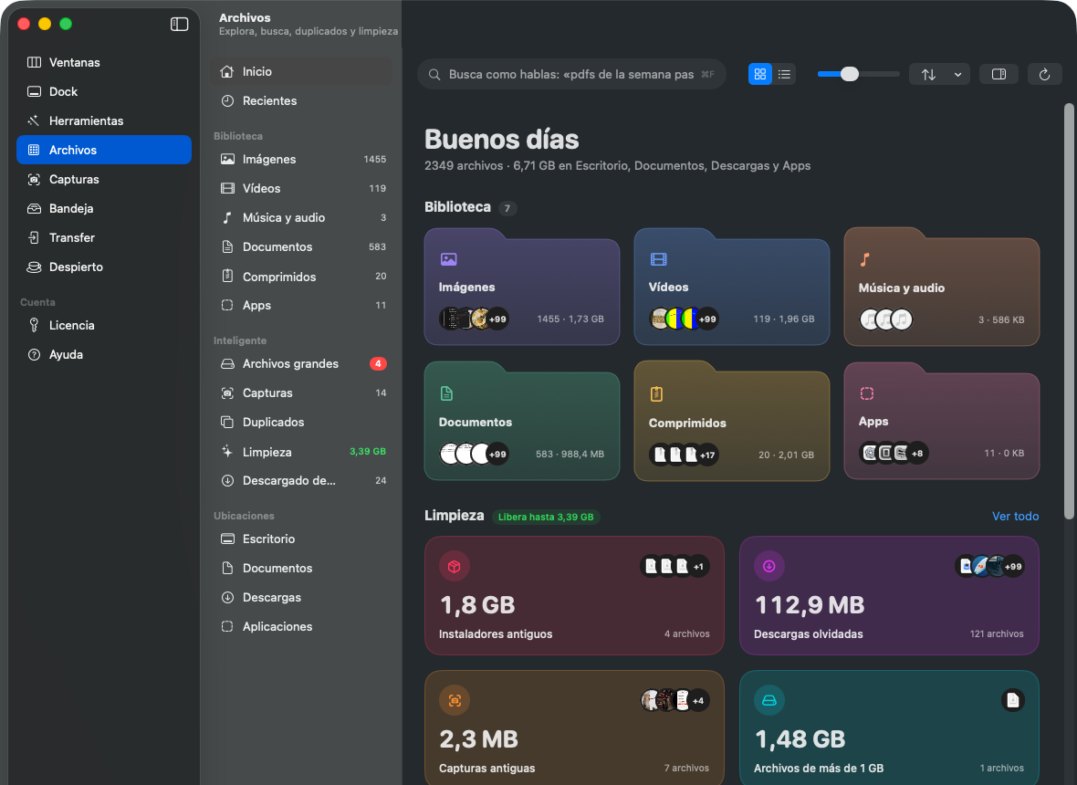 Archivos en Make Mac Better: carpetas de colores por tipo y tarjetas de limpieza